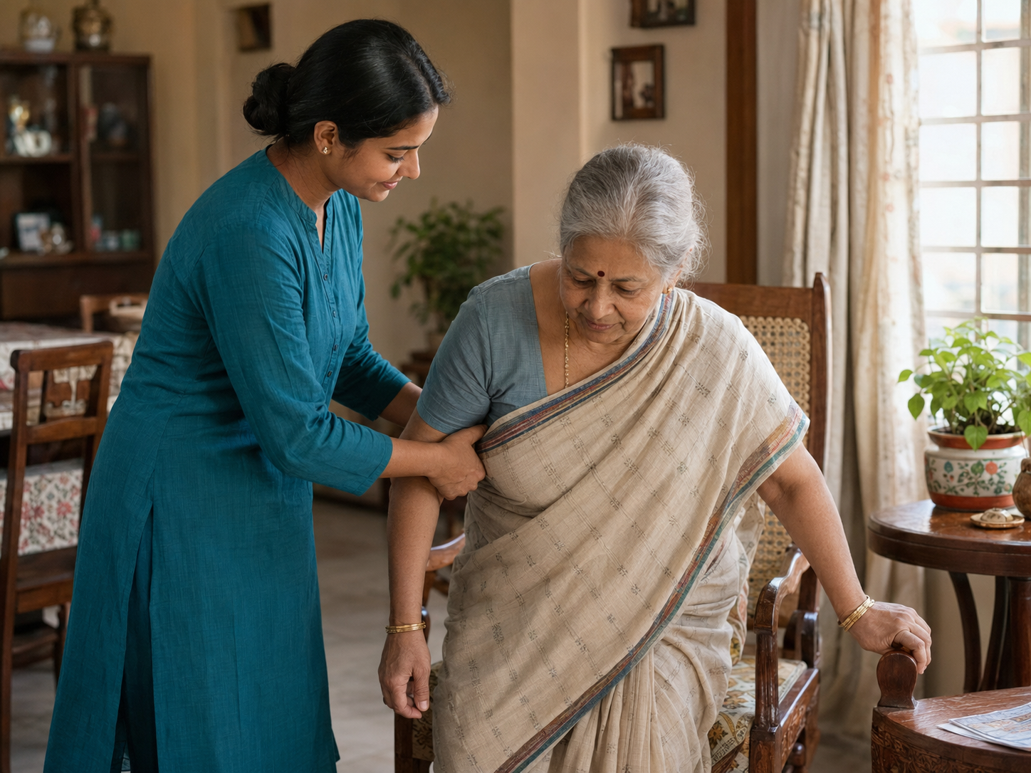 An older Indian woman receiving respectful support from a caregiver in her home